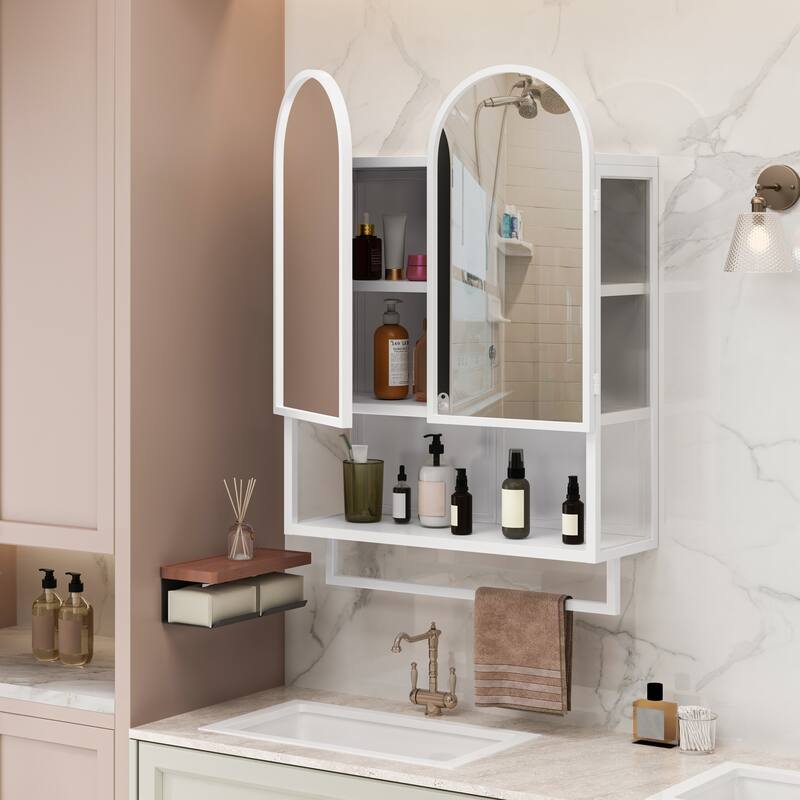 Mirror Cabinet with 2 Arched Doors, Wall Mounted Bathroom Medicine Cabinet, Metal Wall Cabinet with Open Shelf & Towel Rack