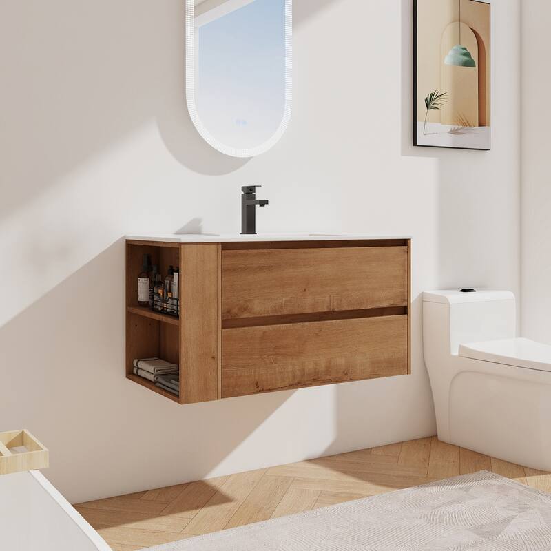 36" Wall Mounting Bathroom Vanity With Ceramic Sink
