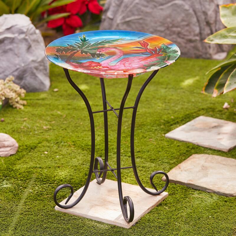 Multi-Color Flamingo Glass Bird Bath with Black Metal Stand