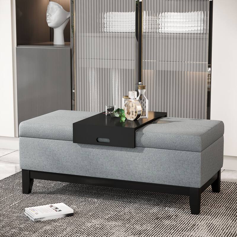 HOMCOM 42" Rectangular Storage Ottoman Bench, Linen Fabric Coffee Table Ottoman - Grey