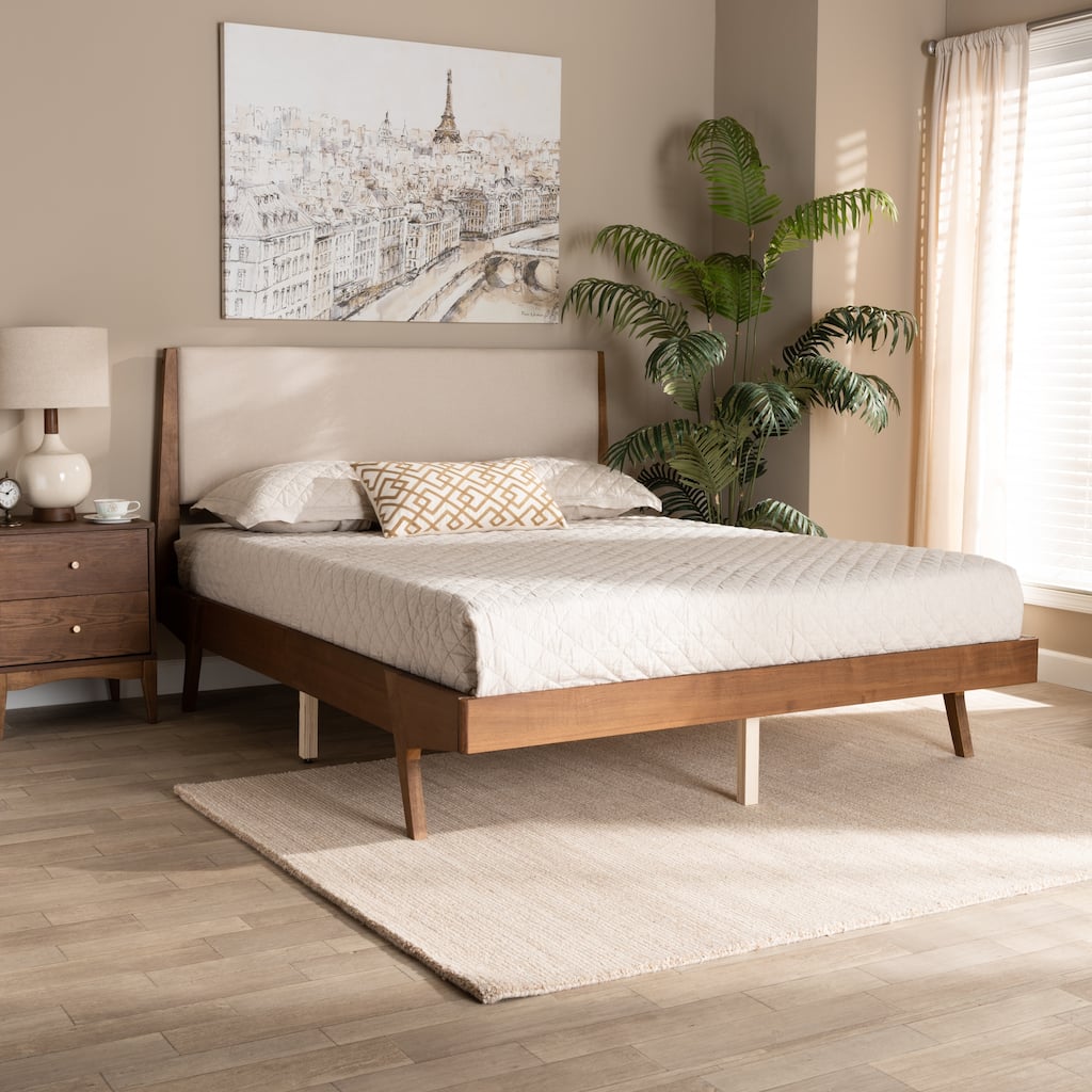 Senna Mid-Century Modern Fabric Upholstered Wood Platform Bed in Beige