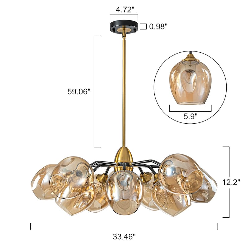 Modern Glam 10-Light Cluster Amber Glass Chandelier - Brass