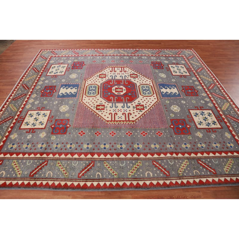 Hand Knotted Oriental 100% Wool Carpet Traditional Medallion Greys & Charcoal Kazak Area Rug - 9' 3'' X 8' 3''
