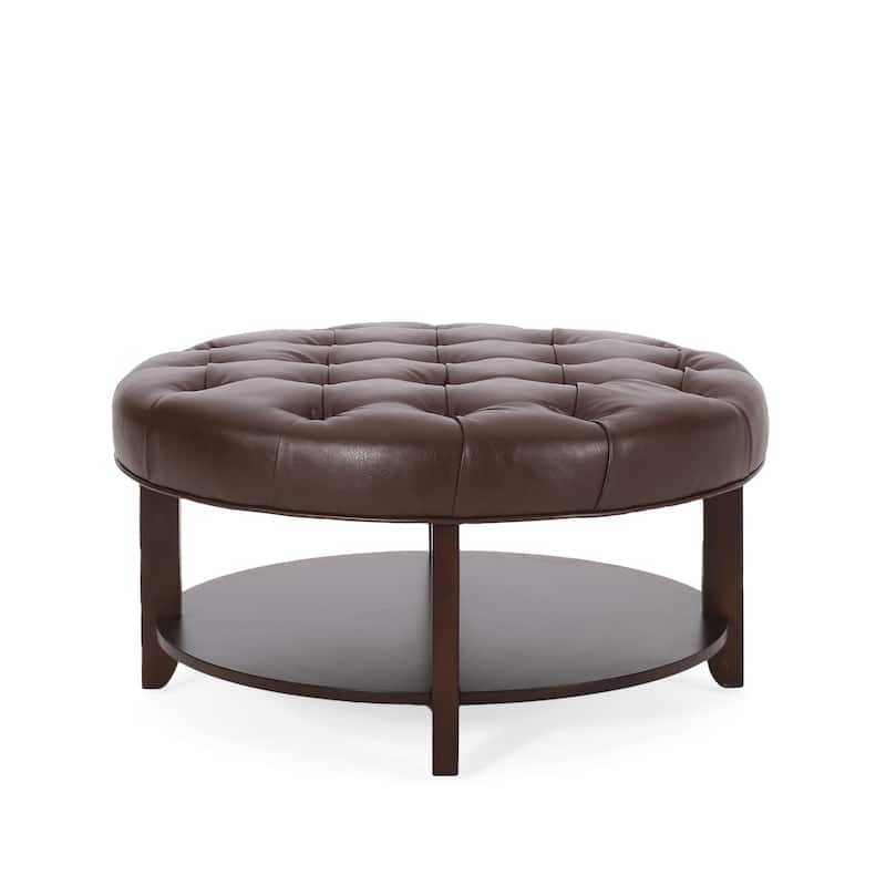 Rumbrook Faux Leather and Rubberwood Round Ottoman with Open Shelf by Christopher Knight Home