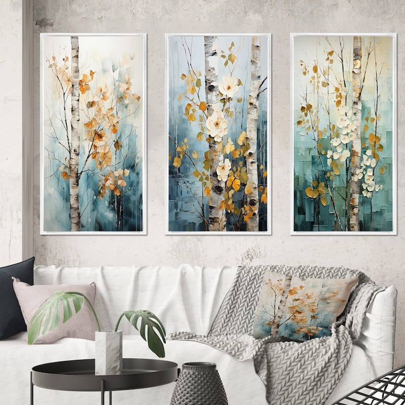 Designart "Birch Woods Whispering Winds VII" Floral Framed Wall Art Set Of 3 Frame Gallery Wall Set For Home Decor - 50 in. wide x 32 in. high - 3 Panels - White