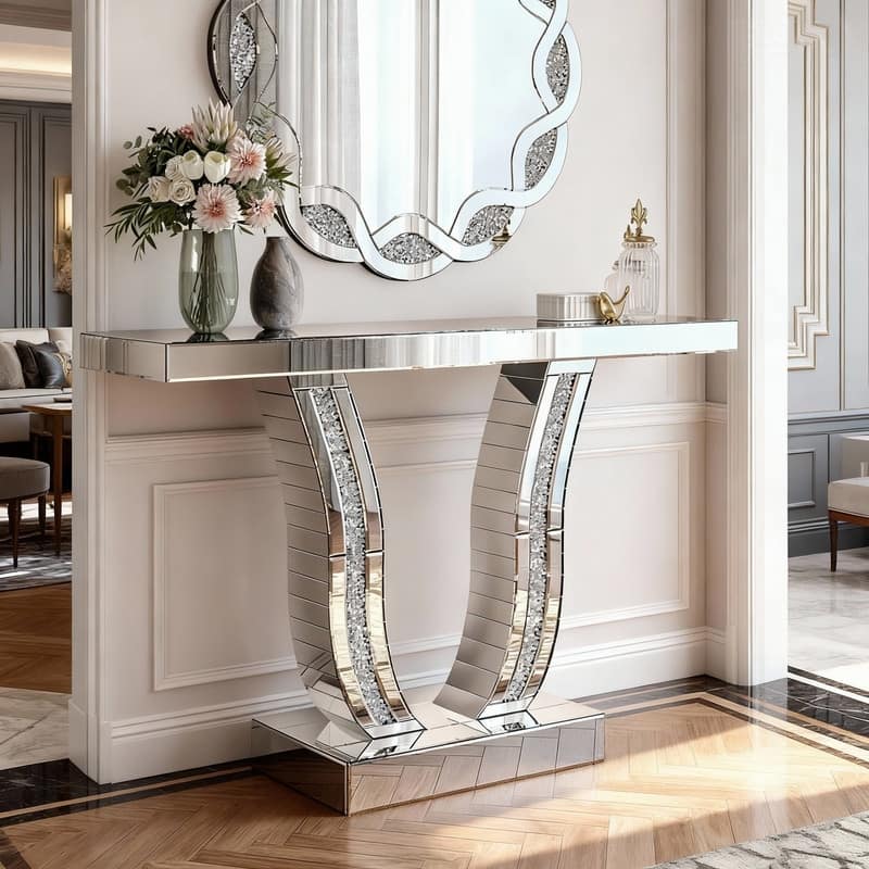 Mirrored 43" Silver Console Table, Entryway Sofa Table With Curved Legs