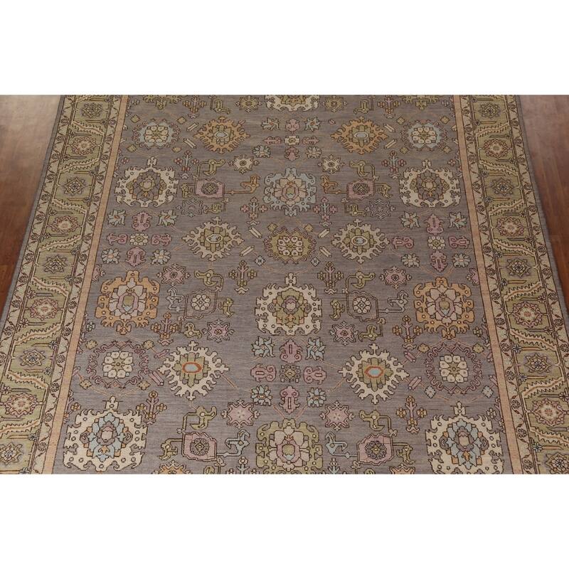 Vegetable Dye Oushak Turkish Large Rug Hand-Knotted Grey Wool Carpet - 10'5"x 13'8"
