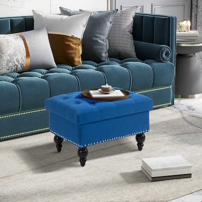 HOMCOM Storage Ottoman with Removable Lid, Button-Tufted Fabric Bench for Footrest and Seat with Wood Legs