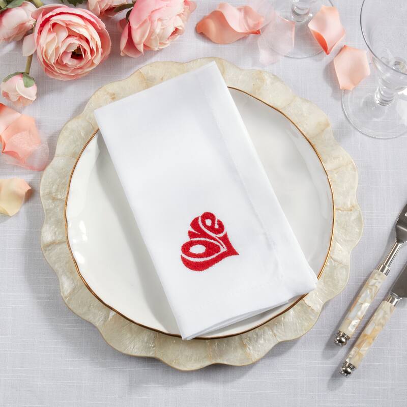 Embroidered LOVE Napkins (Set of 4) - Bold Heart-Shaped Script Motif for Romantic Tables, 20"x20"