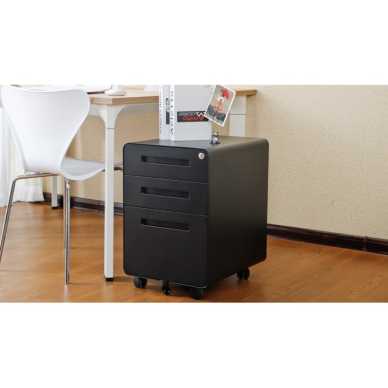 Modern Mobile File Cabinet, Minimalist Style Multifunctional Storage Cabinet with 3 Drawers and Lock, for Home Office, Black