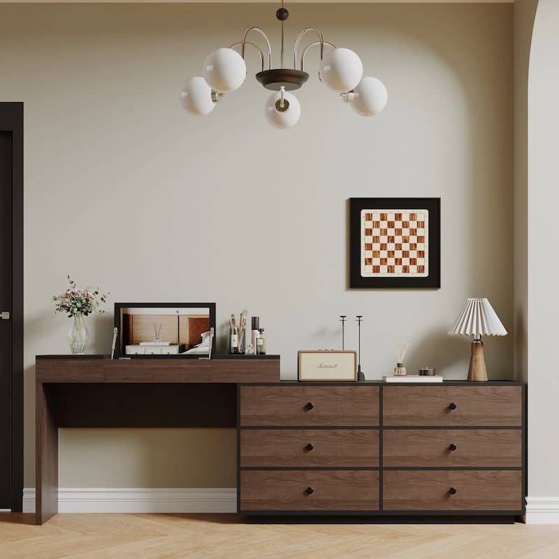 Home Office Storage Expandable Dresser Desk Combo With Flip-Top Makeup Mirror and 6 Storage Drawers