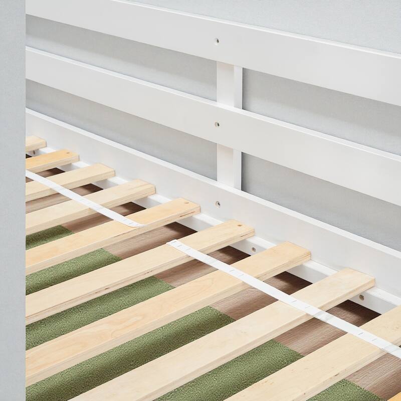 Twin Over Twin Wooden House Bunk Bed with Roof, Windows, Door, and Ladder, Kids Playhouse Bed with Guardrails