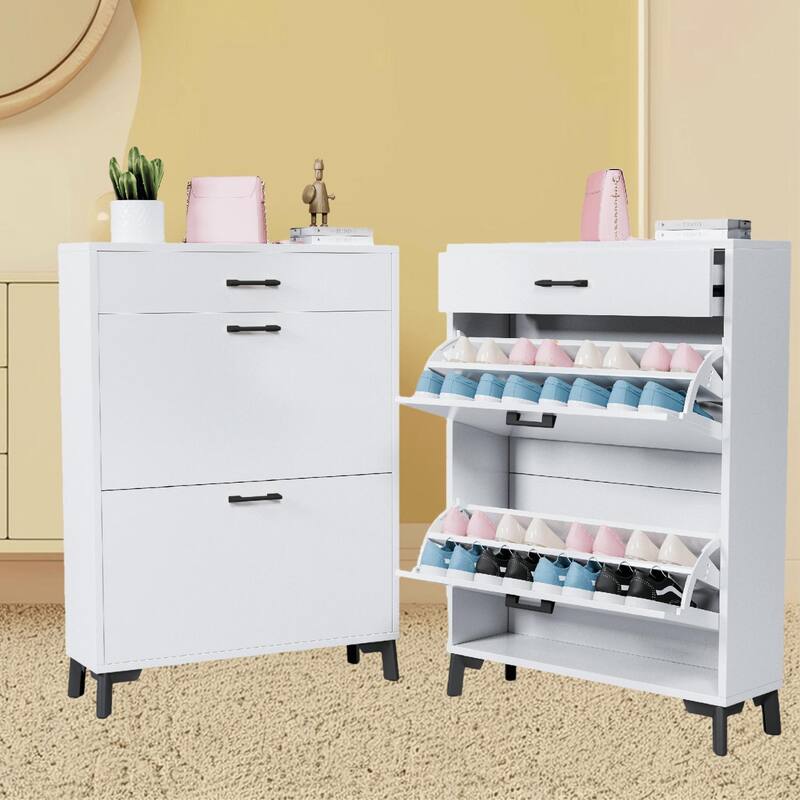 Free-Standing Shoe Organizer Cabinet with 2 Flip-Top Drawers and Metal Legs, Ample Storage for Hallway, Entryway and Porch - White
