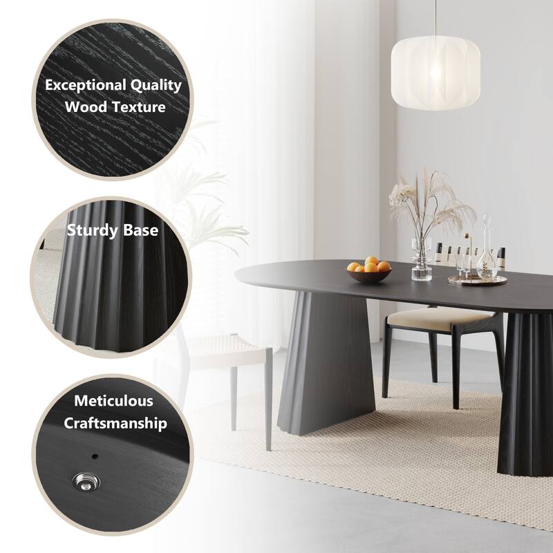 Modern Oval Wooden Dining Table - 79" Large Size, Sturdy Fluted Base, Natural Oak Finish for Dining Room