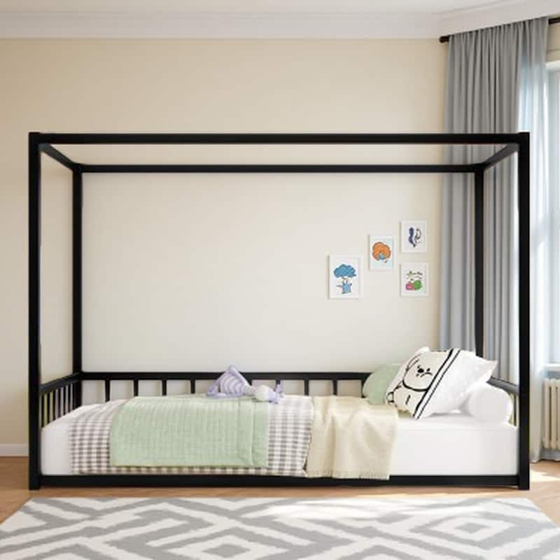 Queen Size Modern Floor Bed Frame with Canopy Structure and Full Guardrails, Low-Profile Metal Platform Bed - Twin Black - Twin