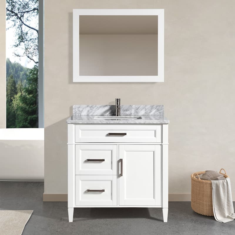 Vanity Art 36-Inch Single Sink Bathroom Vanity Set Carrara Marble Stone Top 3 Drawers 1 Shelf Undermount Sink with Free Mirror - White