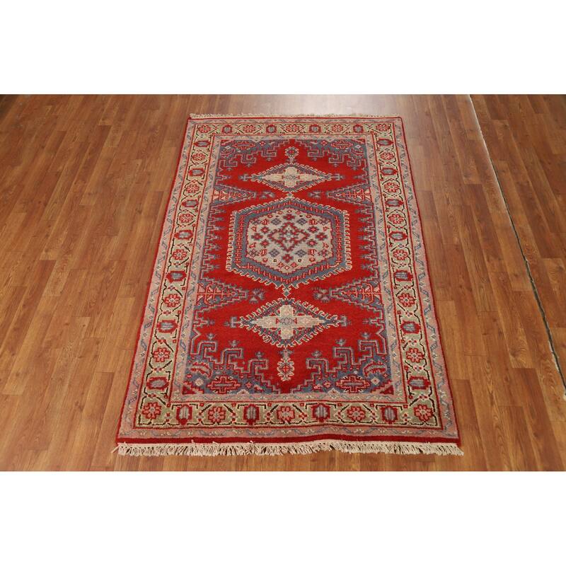 Red Geometric Viss Oriental Rug Hand-Knotted Wool Carpet - 3'11" x 6'1"