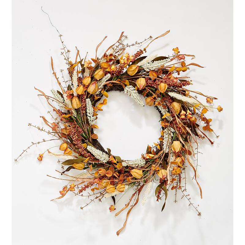 24" Artificial Fall Harvest Chinese Lantern Wreath on Natural Twig Base