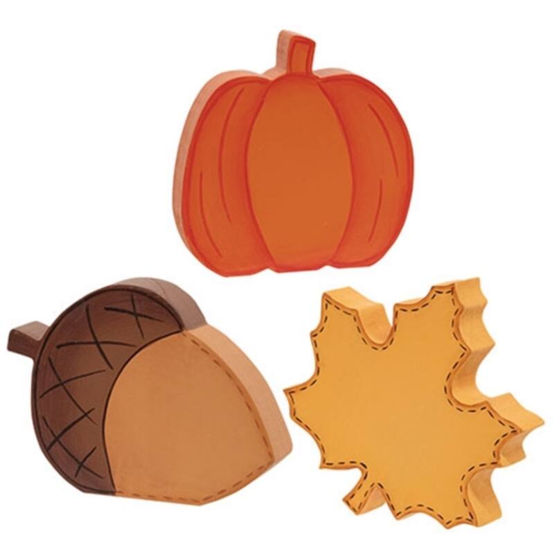 Fall Icon Chunky Wood Sitter Autumn Table Decor 3 Asstd. - 3” x 4” x 0.75” - Orange-Brown-Mustard