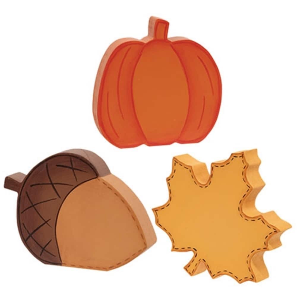 Fall Icon Chunky Wood Sitter Autumn Table Decor 3 Asstd. - 3” x 4” x 0.75”