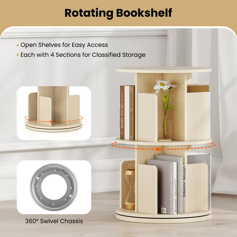 2-Tier Freestanding Bookshelf with Rotating Storage Shelves Rack for Books or Decor - 15.5" x 15.5" x 26"