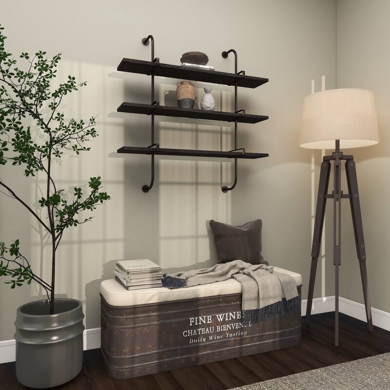 3 Level Wood Wall Shelf with Black Metal Brackets - Brown or Gray