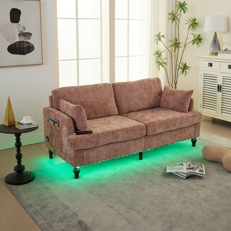 Modern Style Chenille 2-Seater Wood-Legged Sofa With Led Light, Usb Charging Port And Storage Bag Living Room Bedroom Study Room