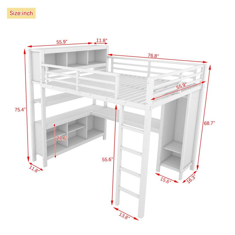 Full Size Metal Loft Bed Frame with Storage Wardrobe, L-Shaped Desk