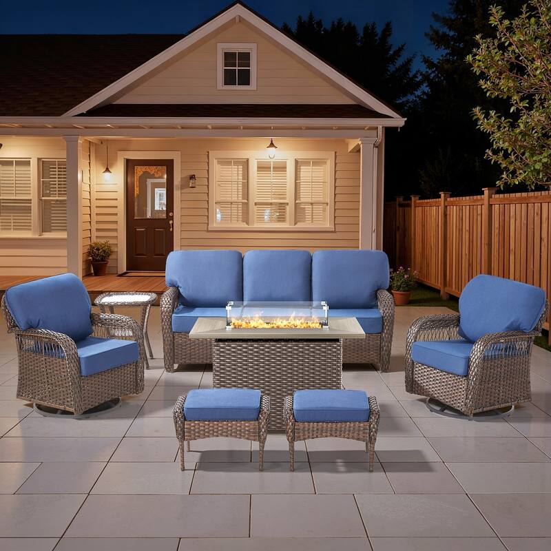 Pocassy Outdoor Fire Table with Swivel Chair Sofa Ottoman Funiture Set. - Brown Wicker Blue Cushion - 7-Piece Sofa Chair Table Ottoman w/ Fie Table
