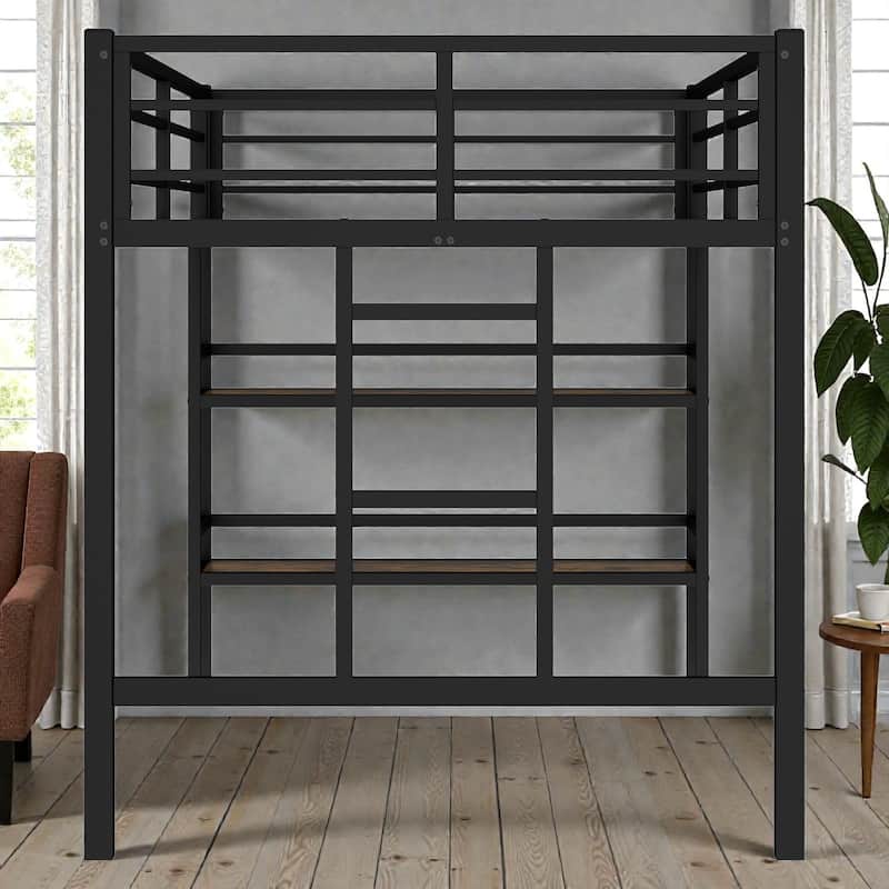 Twin Metal Loft Bed with Storage Shelf, Ladder and Guardrails, Space Saving Loft Bed Frame for Kids