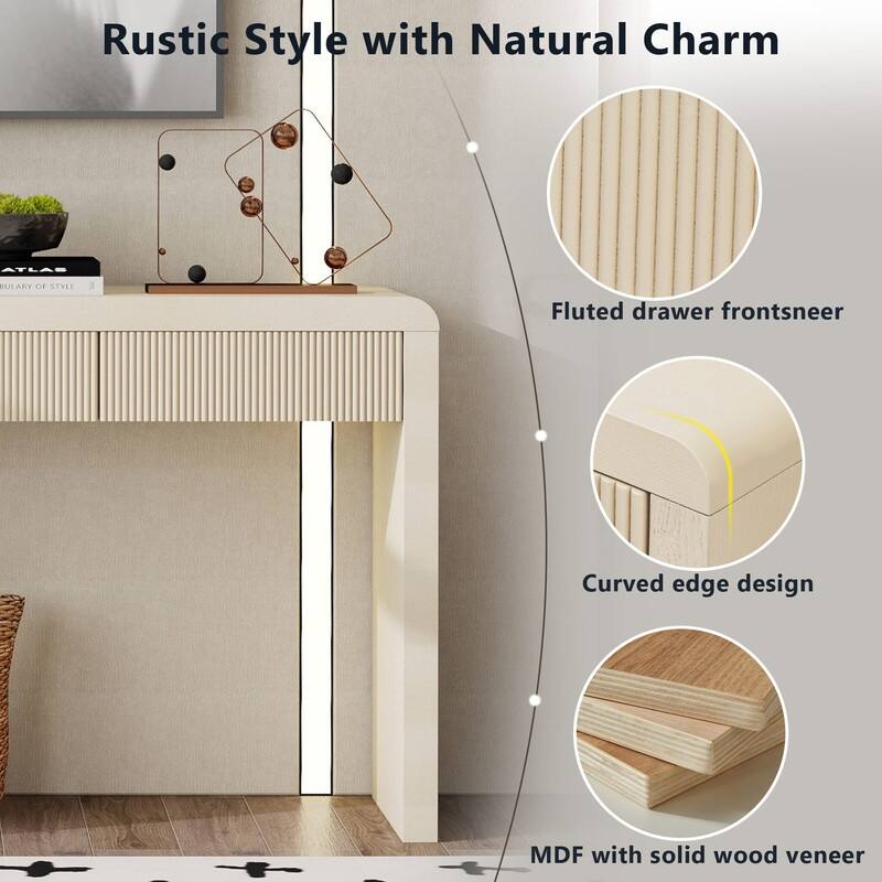Rustic Console Table with 3 Fluted Drawers - Solid Wood Veneer Entryway Table Featuring Natural Wood Grain for Living Room