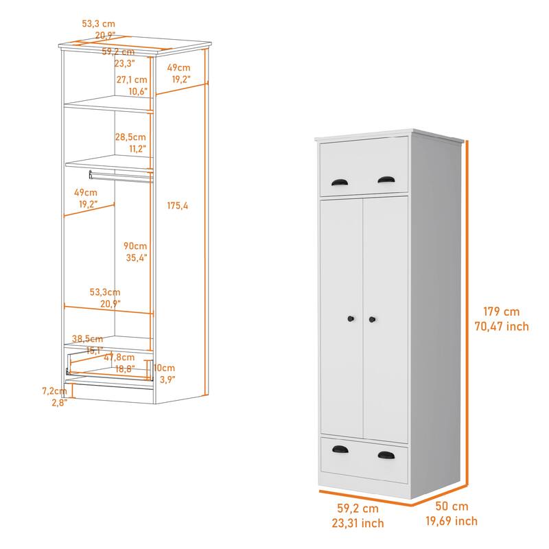 23.31" Modern Double-door Armoire with One Drawer and Hanging Rod for Bedroom