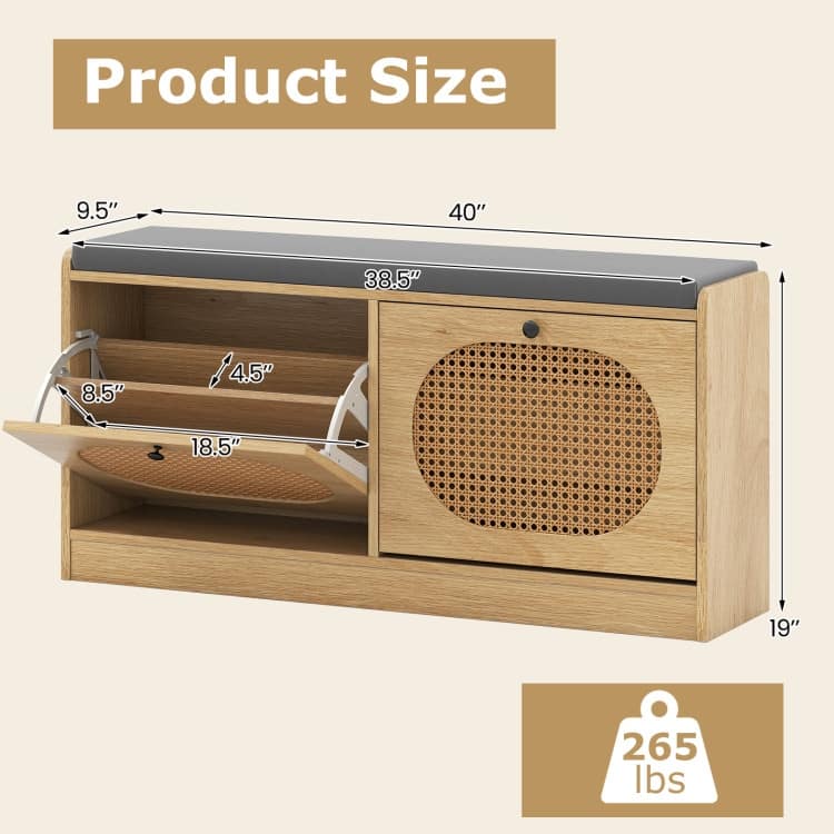 Natural-Grey Wood Rattan Shoe Storage Bench with Cushion and Adjustable Shelves - 40" x 9.5" x 19"