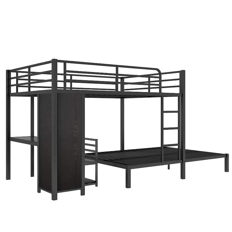 Queen over Queen Size Metal Bunk Bed Frame with Built-in Wardrobe, Desk and Storage Chairs