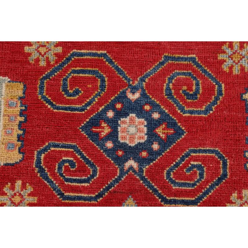 Red Geometric Kazak Oriental Accent Rug Hand-Knotted Wool Carpet - 4'3" x 6'0"
