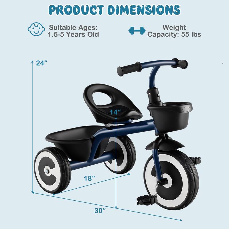 Toddler Tricycle for Boys and Girls with Carbon Steel Frame Indoor and Outdoor Kids Pedal Bike - 30" × 18" × 24"