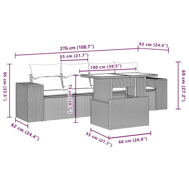 vidaXL Patio Sofa Set with Cushions Table and Couches 5 Piece Poly Rattan - 21.7 x 24.4 x 27.2