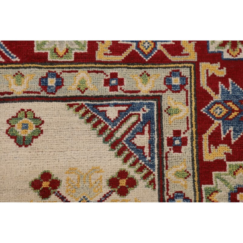 Beige Geometric Kazak Oriental Area Rug Hand-Knotted Wool Carpet - 5'1" x 6'6"
