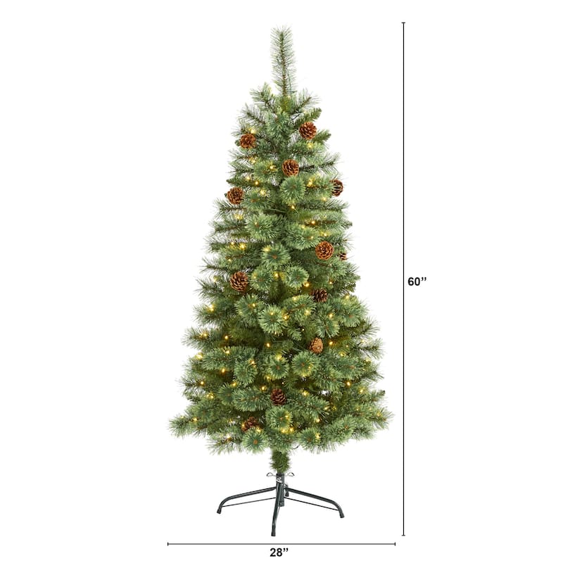5Ft Artificial Christmas Tree with Lights - White Pine Holiday Decor, Pre-Lit Tree, Festive Holiday Tree - Green - 50