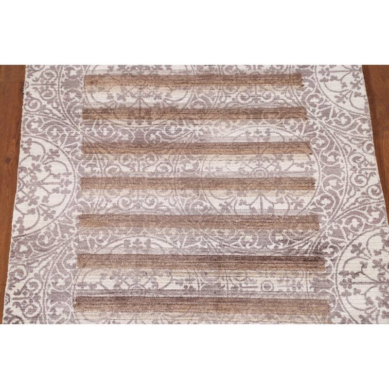 Striped Abstract Accent Rug Handmade Oriental Grey Wool Carpet - 2'10"x 4'6"
