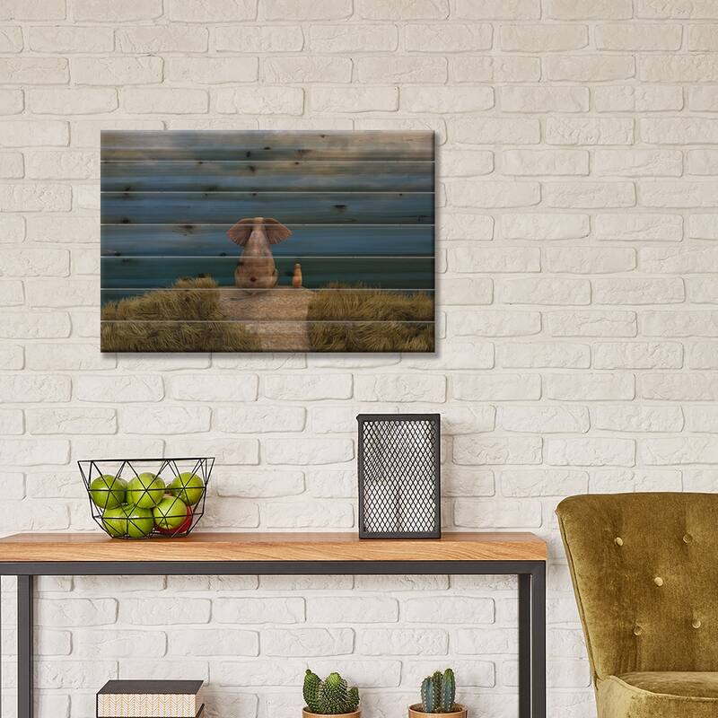 Elephant And Dog Look At The Stormy Sky II Print On Wood by Mike Kiev - Multi-Color