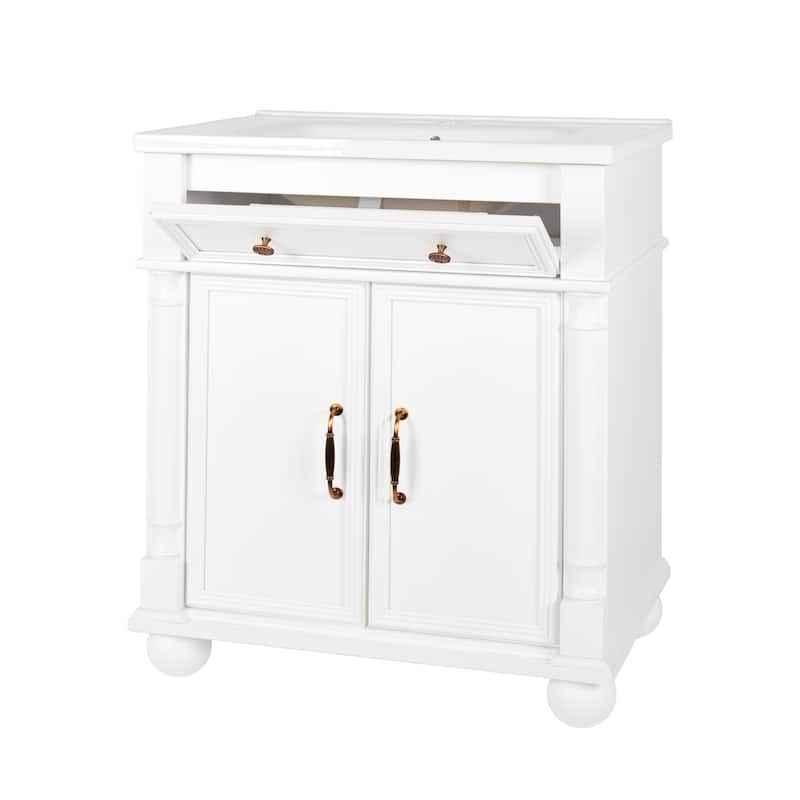 28"/36" Bathroom Vanity with Sink, Integrated Ceramic Basin Vanity Cabinet with Roman Column Base, Solid Wood Frame