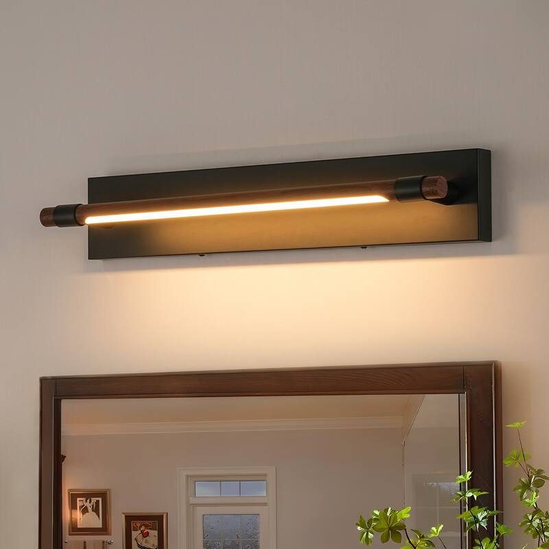 23.6" W Modern Rotatable Linear LED Dimmable Wall Sconce in Matte Black and Wood Grain Finish for Hallway or Bathroom - 23.6 in. W x 5.1 in. H(from wall) x 4.3 in. D - Black/Wood