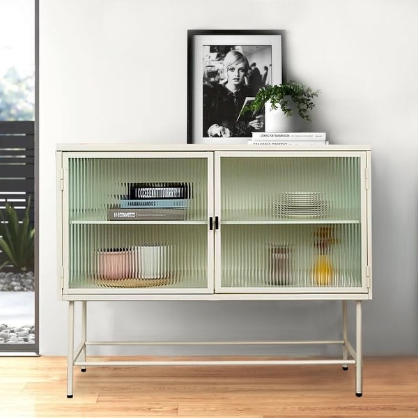 Retro Storage Cabinet Fluted Glass Buffet Sideboard with Shelves