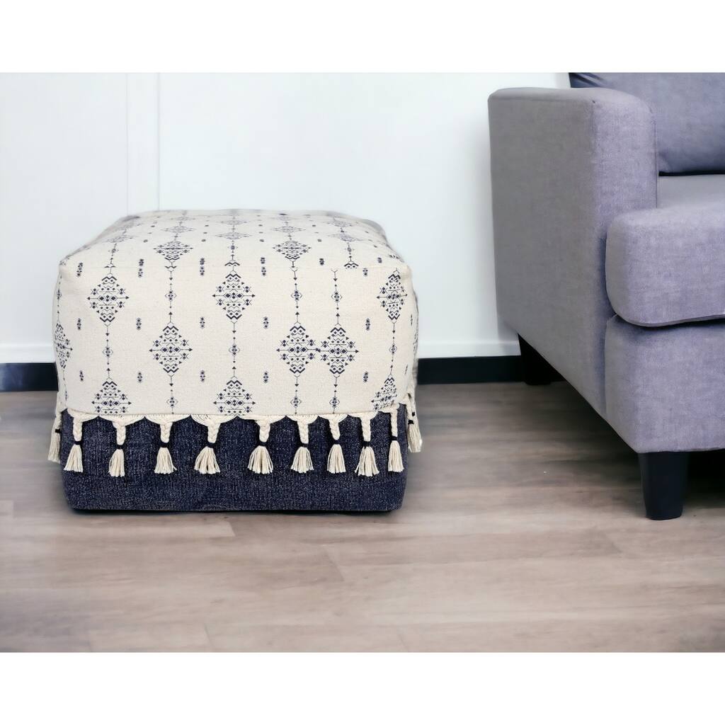 HomeRoots 18" Natural And Navy Blue Cotton Medallion Pouf Ottoman