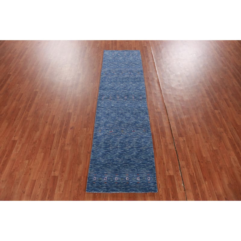 Hand Knotted Oriental 100% Wool Carpet Tribal Tribal Navy Blue & Blues Gabbeh Runner Rug - 9' 9'' X 2' 7''