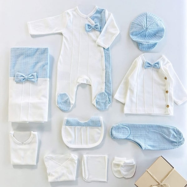 slide 2 of 4, Newborn Baby Boy Coming Home Outfit Set, Retro Style - 10 Pcs Blue