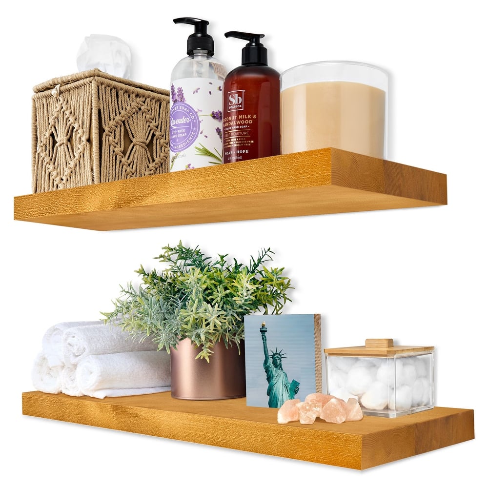 Solid Wood Floating Shelves for Wall - Compact Wooden Wall-Mounted Shelves (16”, Set of 2) - 5.5” L X 16"W X 1.2” H
