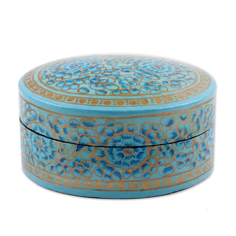 Novica Handmade Blue Blossoms Papier Mache And Wood Decorative Box