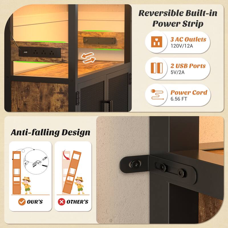 82.6" Tall Wine Cabinet with Glass Holder & Wine Rack，6-Tiers Liquor Storage Cabinet with LED Lights ＆ Charging Station